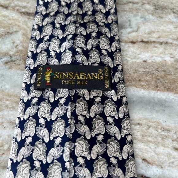 Sinsabang Pure Silk Tie Mens Motorcycles Blue White Made in Korea - Picture 3 of 7